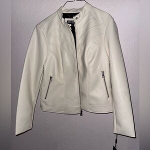 Karl Lagerfeld Cream Faux Leather Zip Jacket